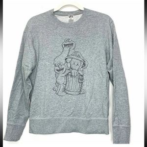 KAWS x Uniqlo x Sesame Street Companion Trash Can Outline Sweatshirt Gray.